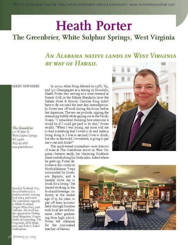 Sommelier Spotlight: Heath Porter, The Greenbrier, White Sulphur Springs, West Virginia